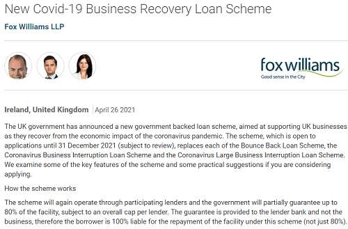 Details Of New Covid-19 Business Recovery Loan Scheme