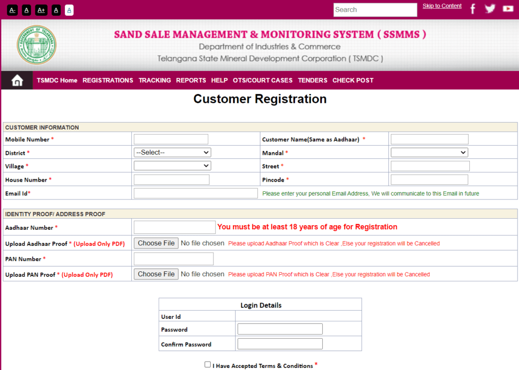 TS Sand Booking Online Customer Registration