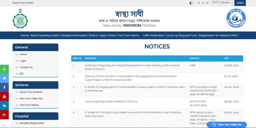 Swasthya Sathi scheme View Notices